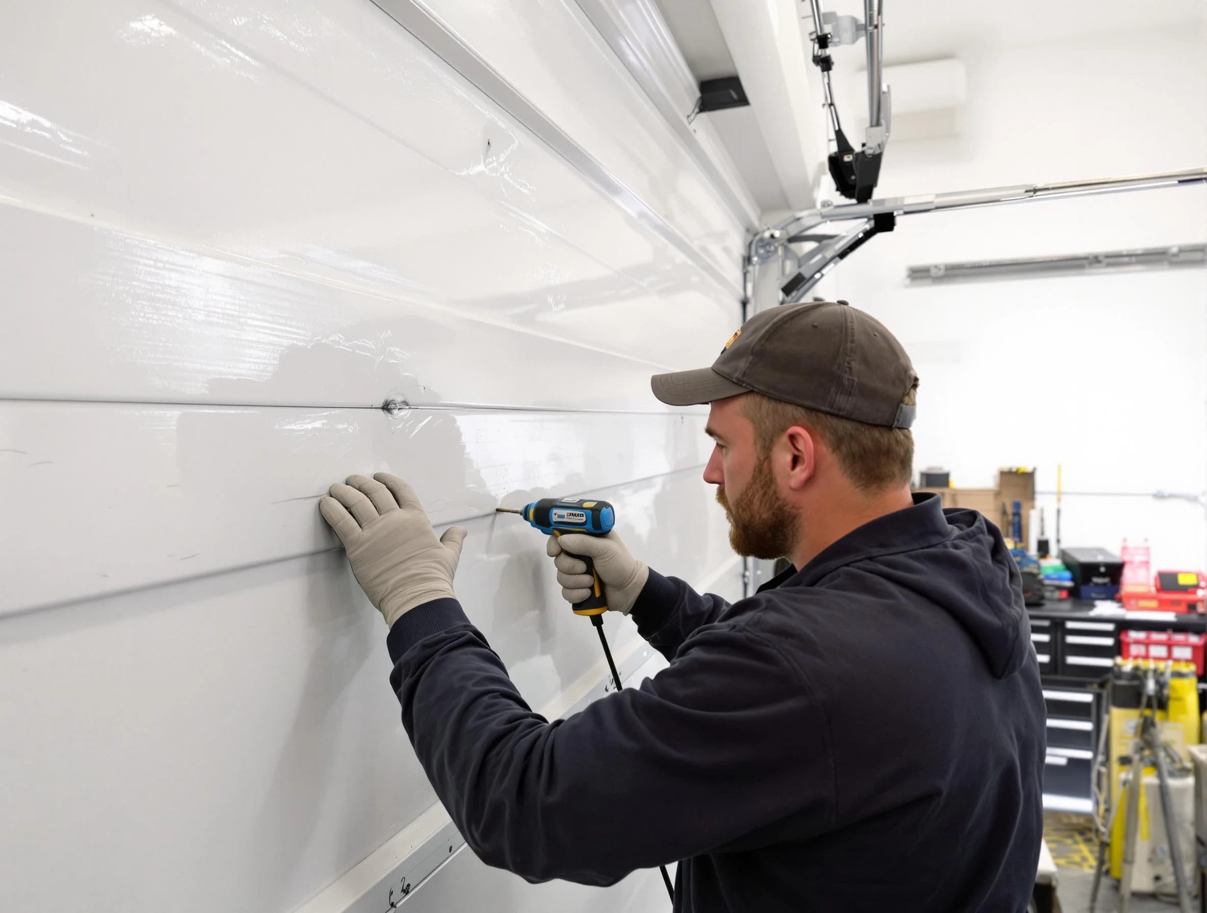 Center Garage Door Repair technician demonstrating precision dent removal techniques on a Center garage door