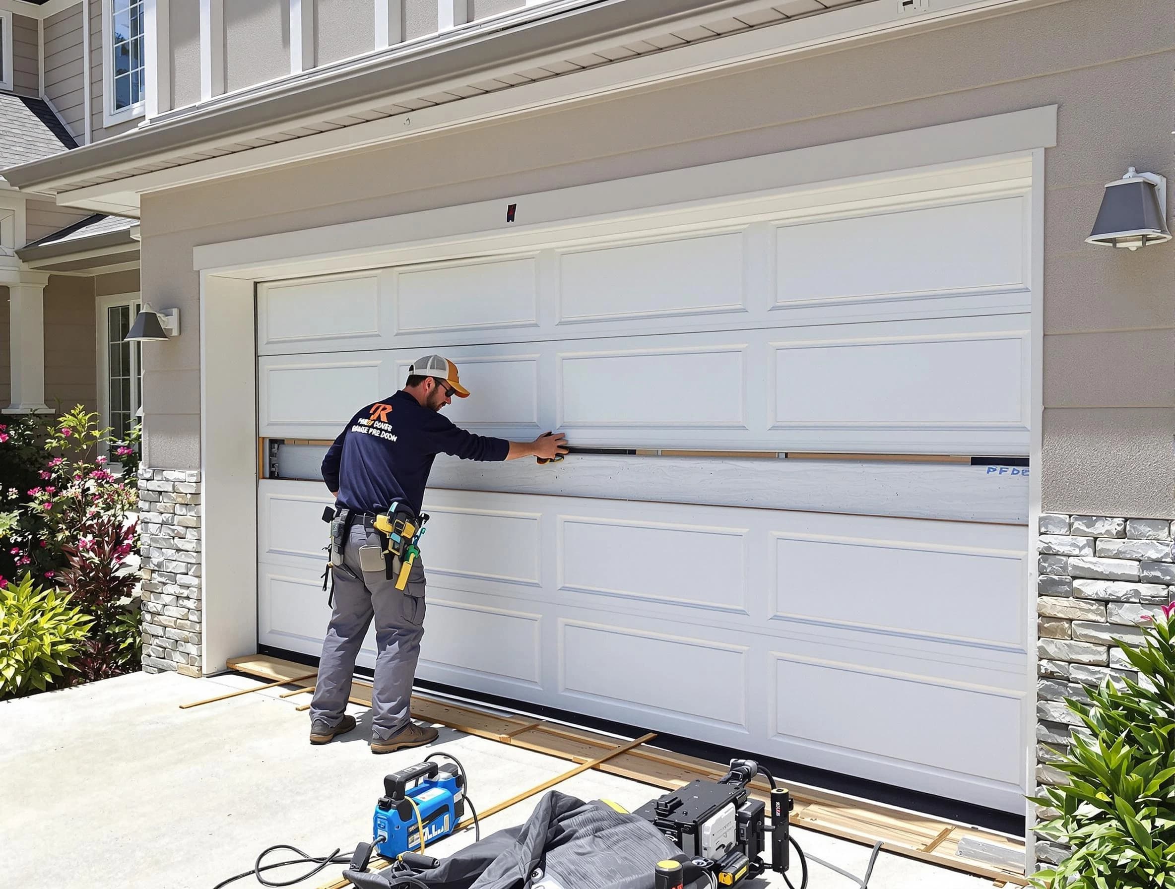 Center Garage Door Repair team performing complete garage door replacement at Center residence