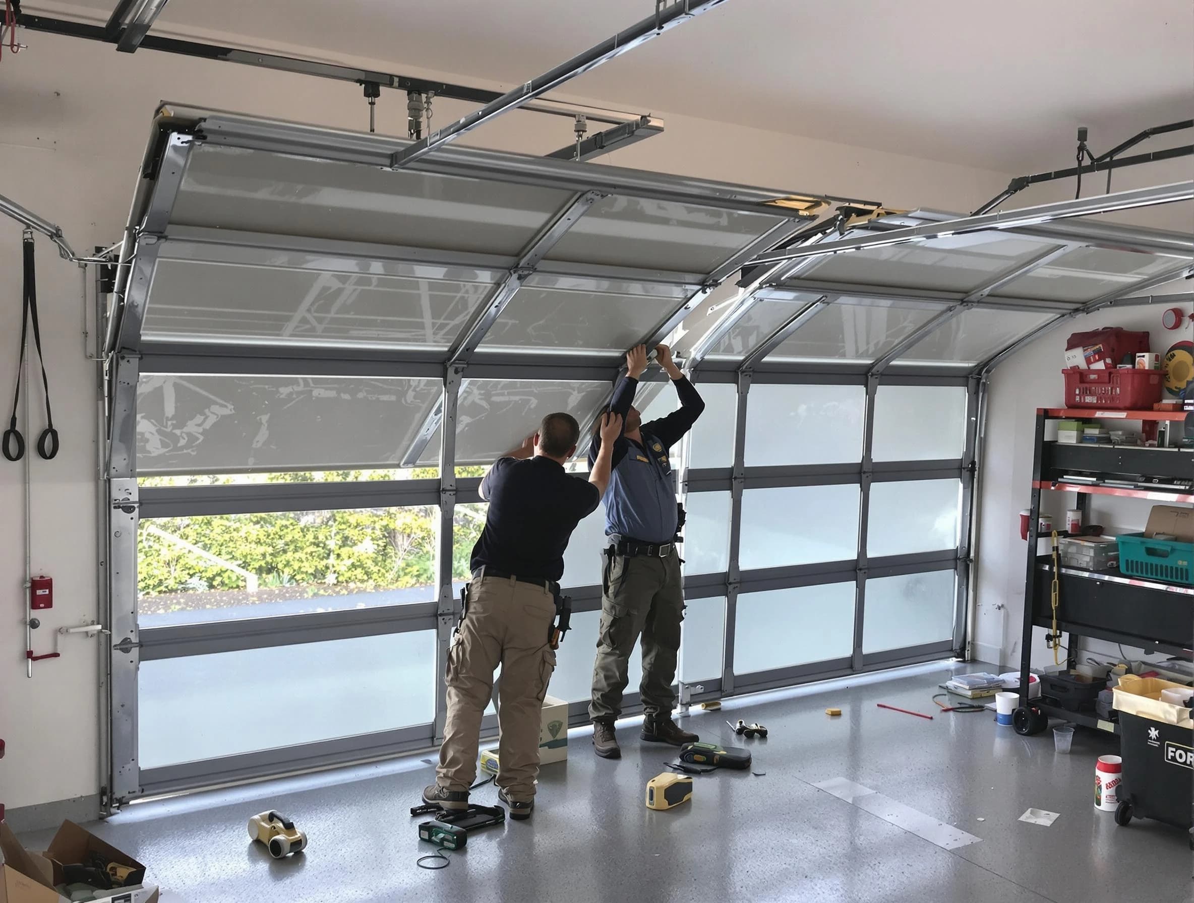 Center Garage Door Repair expert performing precise panel replacement on Center garage door