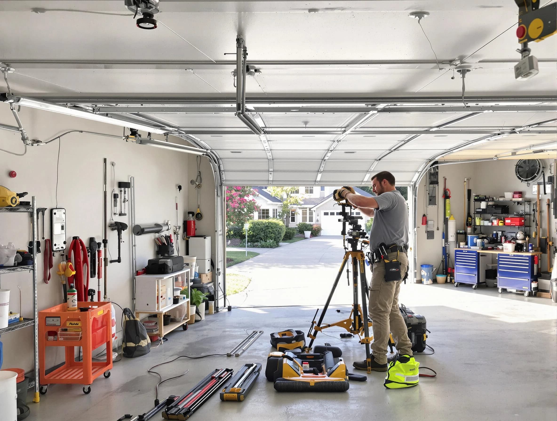 Center Garage Door Repair specialist performing laser-guided track alignment in Center