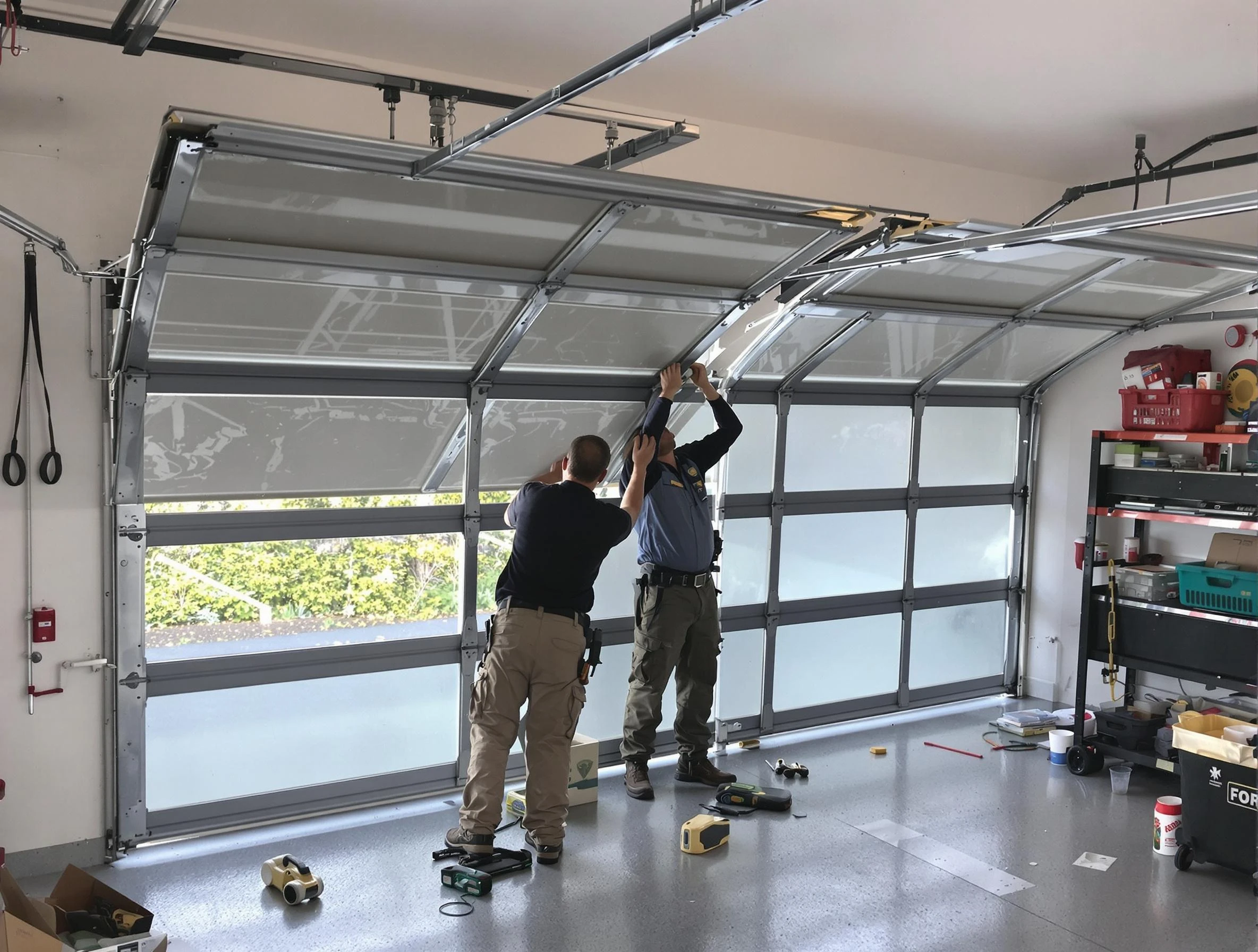 Center Garage Door Repair expert performing precise panel replacement on Center garage door